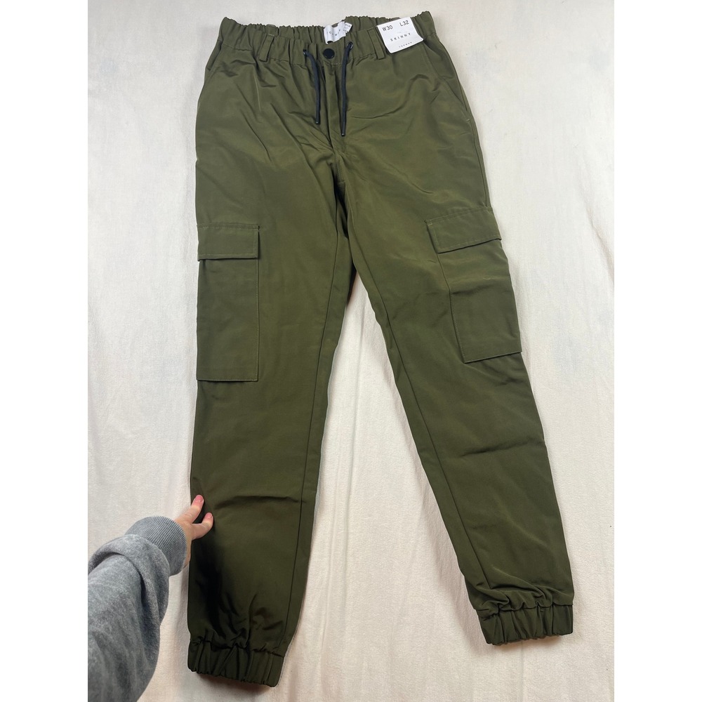 Topman Mens Skinny Cargo Joggers Olive Green W30 L32 Elastic Waist Pants